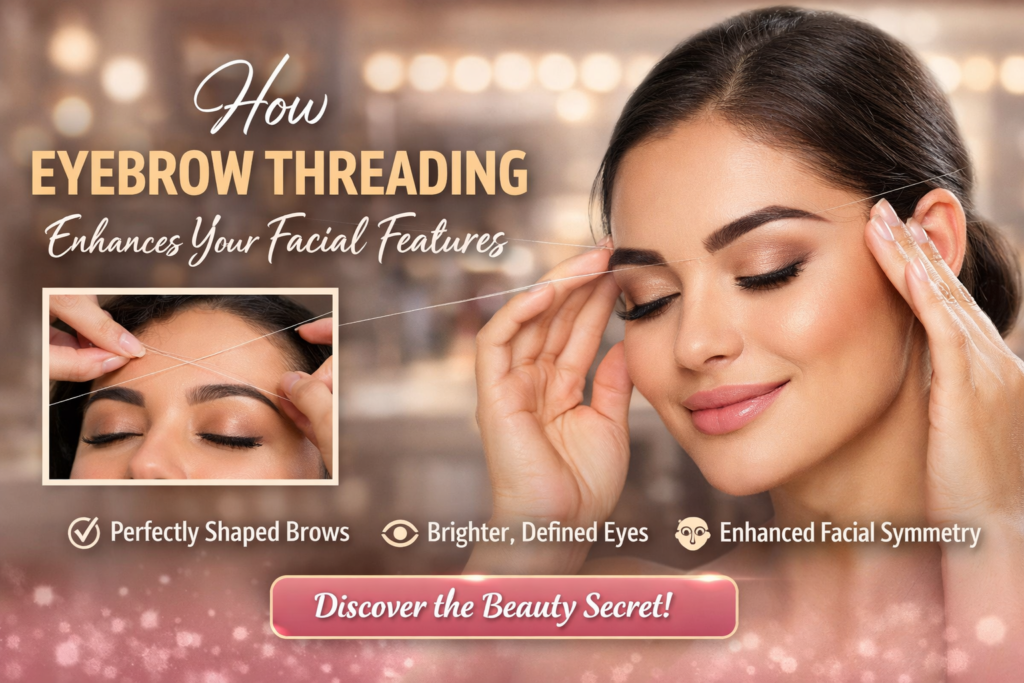 Perfectly shaped eyebrows after professional threading enhancing facial features