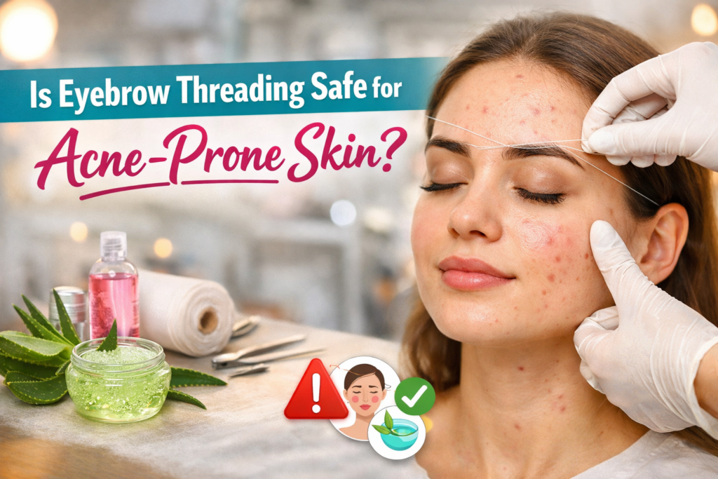 Eyebrow threading treatment for acne-prone sensitive skin at beauty salon