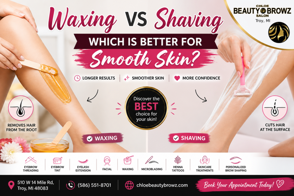 Woman comparing waxing and shaving for smooth skin results